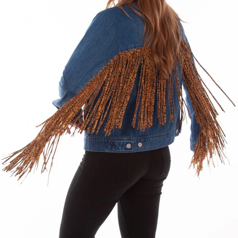 NWT Women’s Scully Fringe Cotton Blend Leopard Cheetah Western Denim Jacket XL - Picture 3 of 13